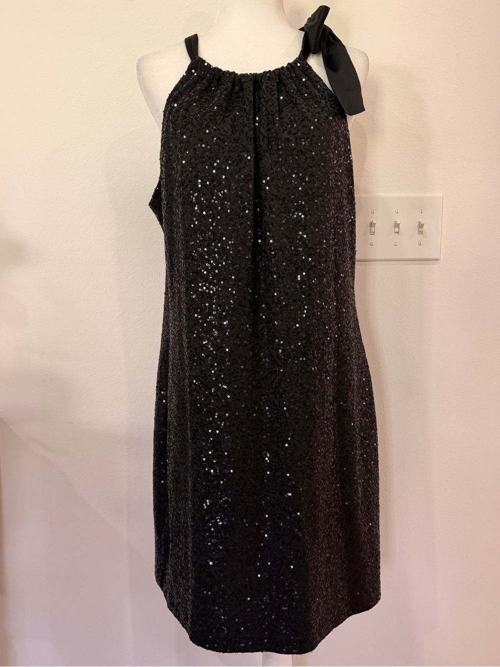 Tahari Black Sequin Halter Tie-Shoulder Midi Dress